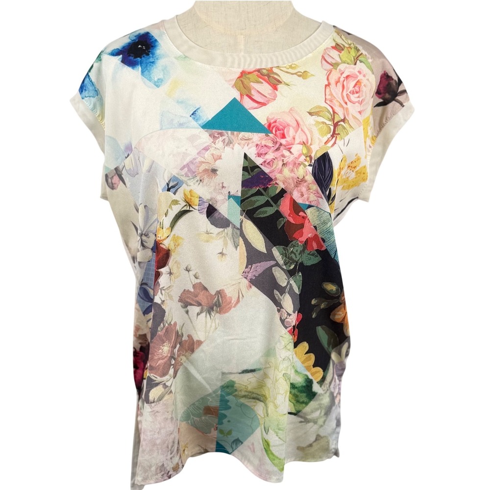 Womens S‎ Floral Cap Sleeve Tunic Top Patchwork Art To Wear Eclectic Mixed Media